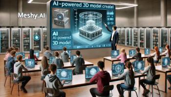 Moderní učebna, kde učitel ukazuje, jak AI převádí fotografie na 3D modely pomocí Meshy.ai.